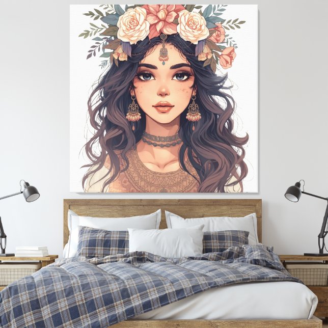 Vacker animeflicka med blommotiv – Mjuk pastell es Canvastryck (Insitu (sovrum))