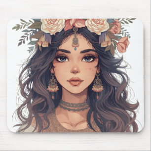 Vacker animeflicka med blommotiv – Mjuk pastell es Musmatta