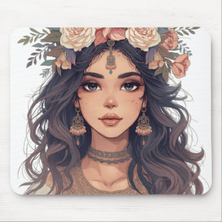 Vacker animeflicka med blommotiv – Mjuk pastell es Musmatta