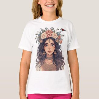 Vacker animeflicka med blommotiv – Mjuk pastell es T Shirt