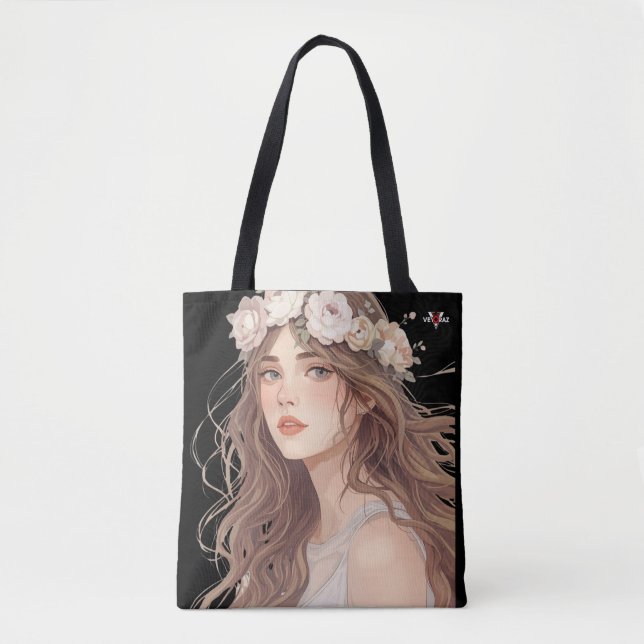 Vacker animeflicka med blommotiv – Mjuk pastell es Tygkasse (Framsida)
