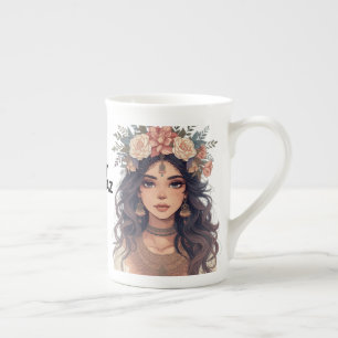 Vacker animeflicka med blommotiv – Mjuk pastellest Benporslin Mugg