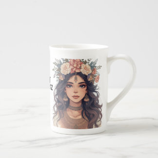 Vacker animeflicka med blommotiv – Mjuk pastellest Benporslin Mugg