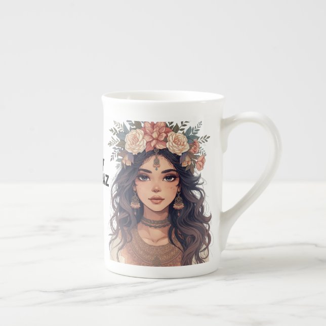 Vacker animeflicka med blommotiv – Mjuk pastellest Benporslin Mugg (Höger)