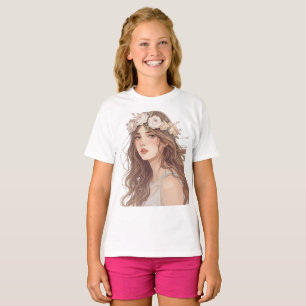 Vacker animeflicka med blommotiv – Mjuk pastelljus T Shirt