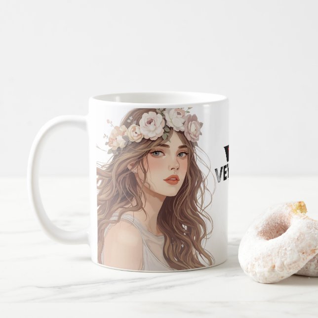 Vacker animeflicka med blommotiv – Mjuk pastelllju Kaffemugg (Med munk)