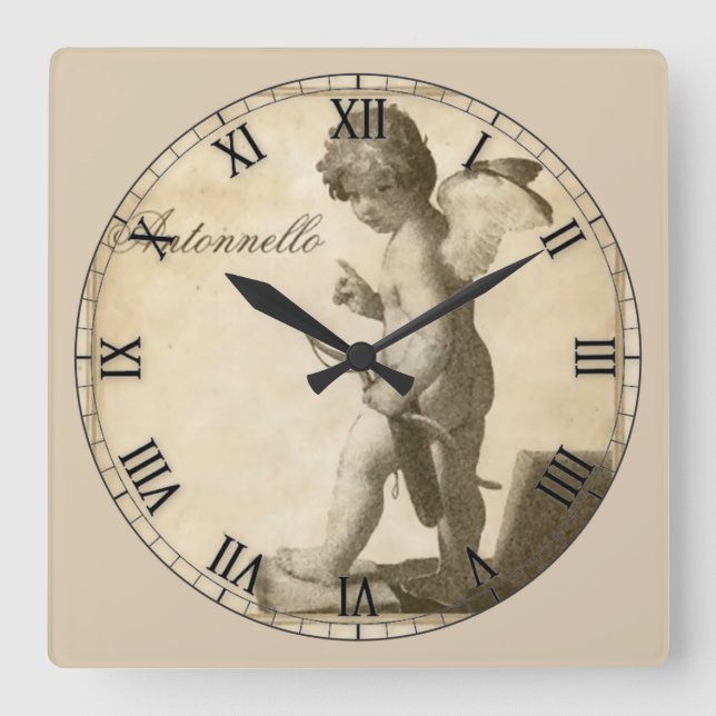 Vacker Antique Roman Numeral Cherub Fyrkantig Klocka (Framsida)