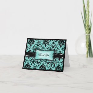 Vacker Aqua Blå & Svart Damask Tacksamhetskort Tack Kort