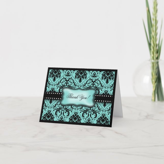 Vacker Aqua Blå & Svart Damask Tacksamhetskort Tack Kort (Framsida)