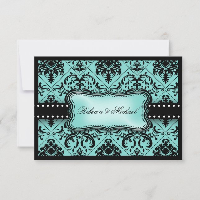 Vacker Aqua Blue & Black Damask-OSA kort (Framsida)