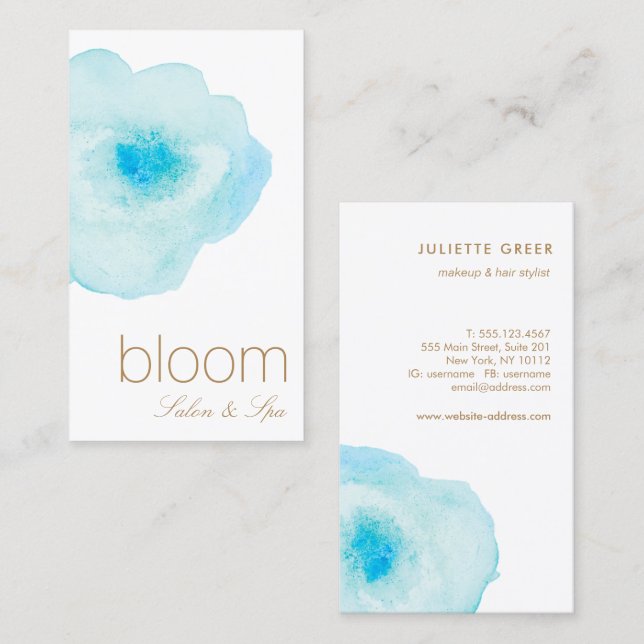 Vacker Aqua Blue Blommigt Watercolor Salon Spa Visitkort (Fram/baksida)