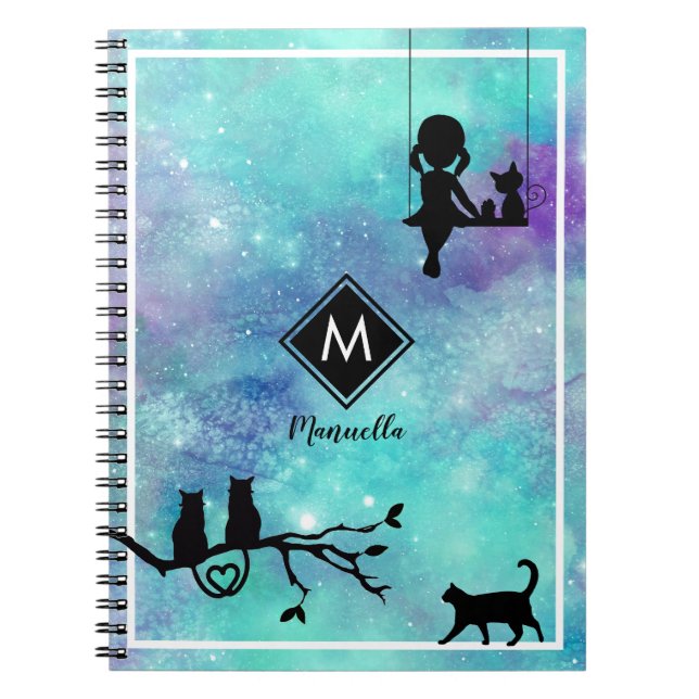 Vacker Aqua Blue Watercolor Galaxy Girl Diary Anteckningsbok (Framsidan)