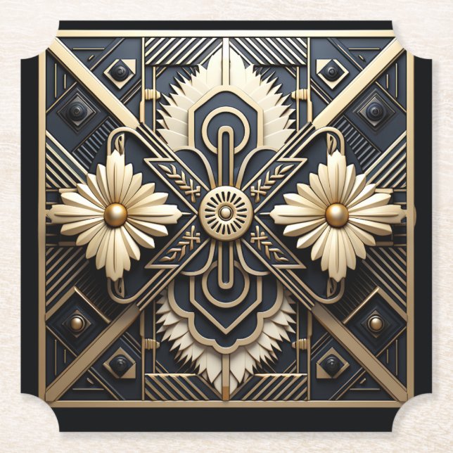 Vacker Art Deco Elfenben Kräm Guld Svart   Underlägg Papper (Framsida)