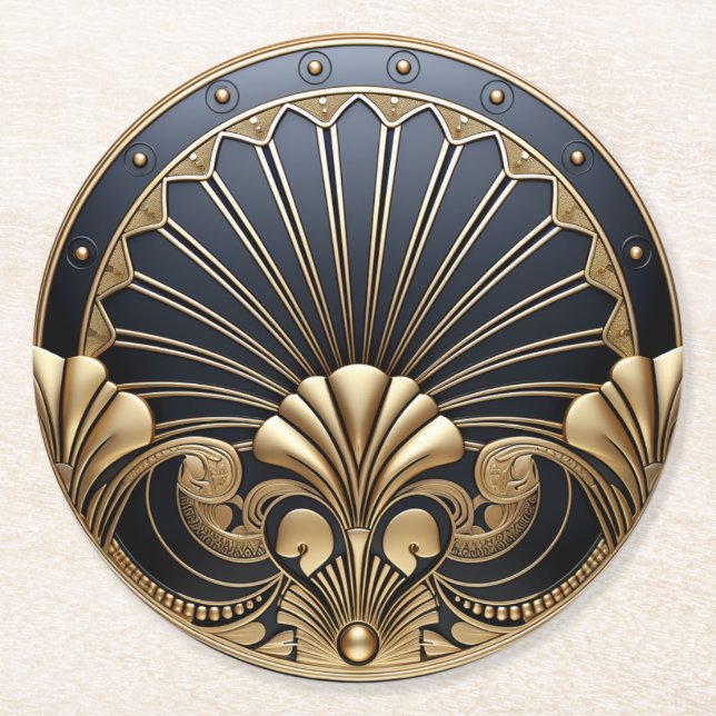 Vacker Art Deco guld & marinblå  Underlägg Papper Rund (Framsidan)