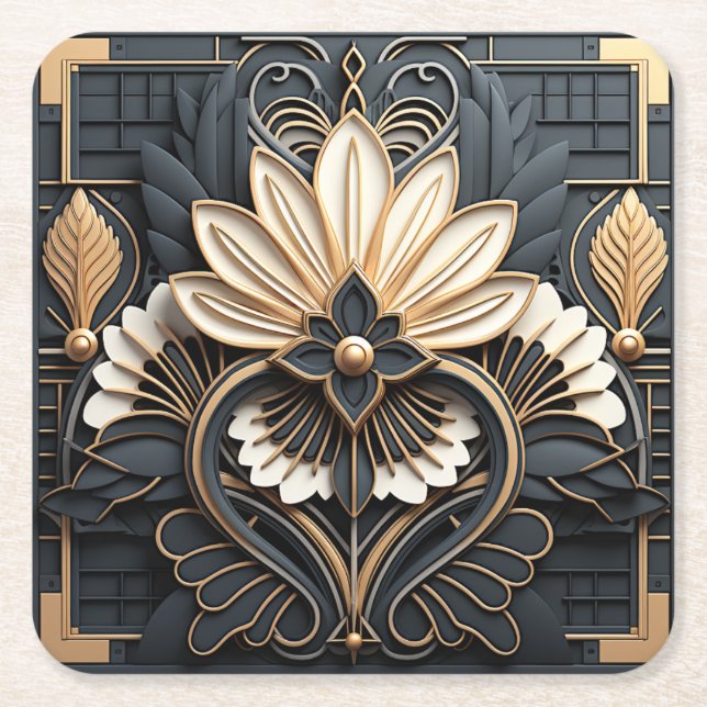 Vacker Art Deco Guld Svart Vit Elegant Underlägg Papper Kvadrat (Framsidan)