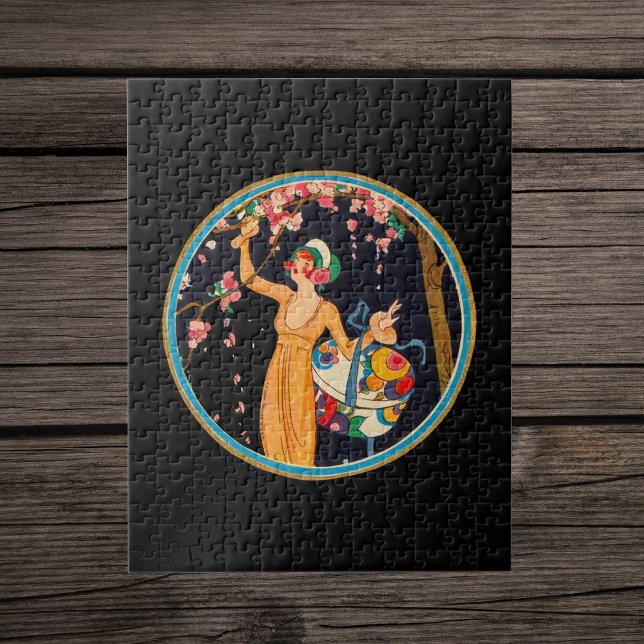 Vacker Art Deco-stil dam Körsbärsblomstrande träd Pussel (Lady holding flowered box picking cherry blossom flowers in circle frame on black jigsaw puzzle.)