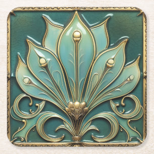 Vacker Art Deco Turcos Grönt Guld Underlägg Papper Kvadrat