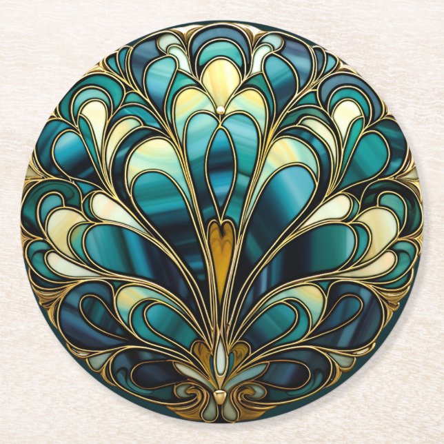 Vacker Art Deco Turkos Påfågel Fjädrar Underlägg Papper Rund (Framsidan)