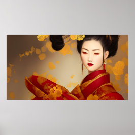 Vacker asiatisk kvinna geisha röd guld 2 poster