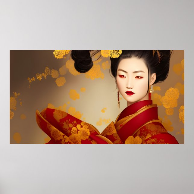 Vacker asiatisk kvinna geisha röd guld 2 poster (Framsidan)