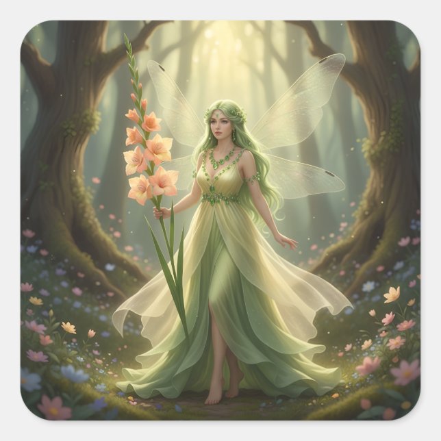 Vacker August Peridot Fairy Fyrkantigt Klistermärke (Framsida)