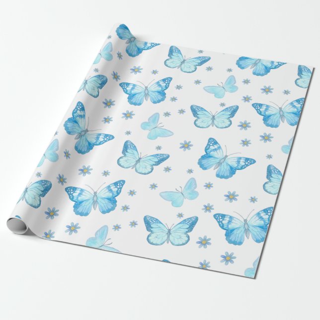 Vacker Baby Blue Fjäril Blommig Mönsterdesign Presentpapper (Utrullad)