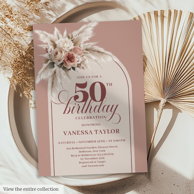 Vacker Båge Pudrig Rosa Pampas Blommig 50-årsdag Inbjudningar (Lovely Arch Powder Pink Pampas Floral 50th Birthday)