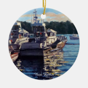 Vacker Bass Harbor Maine Fiskebåtsscen Julgransprydnad Keramik