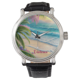 Vacker Beach Ocean Vågar Sand Handflatan Träd Armbandsur