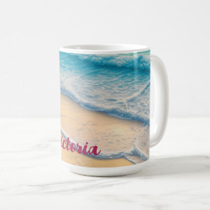 Vacker Beach Ocean Vågar Sand Handflatan Träd Kaffemugg