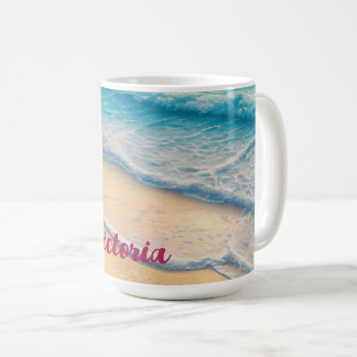 Vacker Beach Ocean Vågar Sand Handflatan Träd Kaffemugg