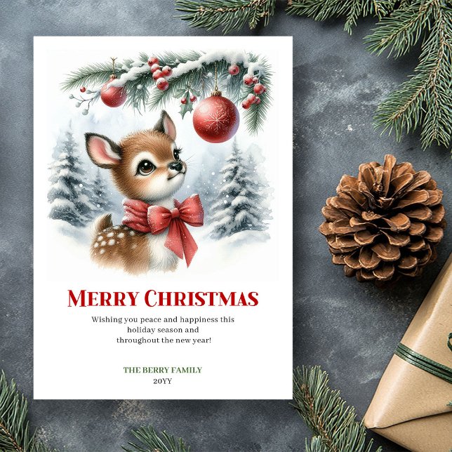 Vacker Bebis Dovvinter Scen Vattenfärg Jul Julkort (Lovely Baby Fawn Winter Scene Watercolor Christmas Greeting

)