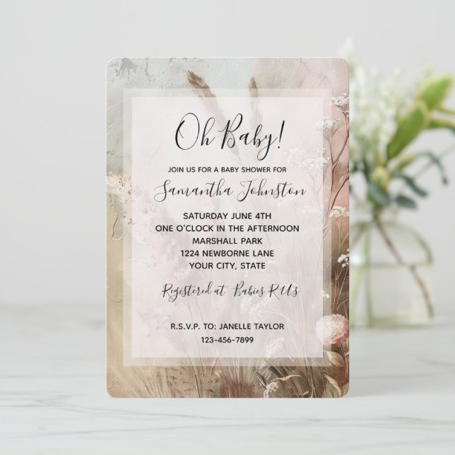 Vacker Beige Rosa Boho Blommig Baby Shower Inbjudningar (Stående Fram)