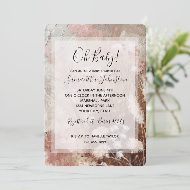 Vacker Beige Rosa Boho Blommig Bebis Shower Inbjudningar (Stående Fram)