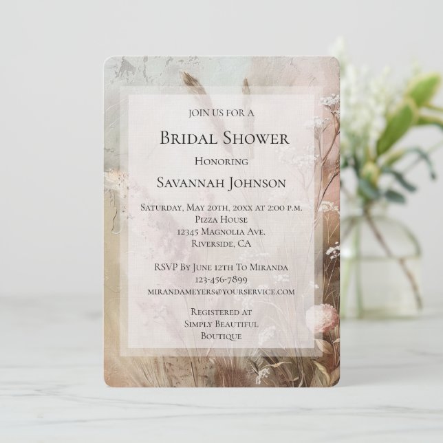Vacker Beige Rosa Boho Blommig Bröllopsdusch Inbjudningar (Stående Fram)