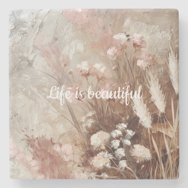 Vacker Beige Rosa Boho Blommig  Stenunderlägg (Framsidan)