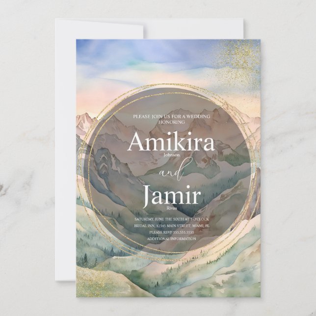 Vacker Berg Vattenfärg Glitter Bröllop Inbjudningar (Framsida)
