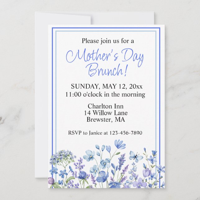Vacker Blå Akvarell Blommig Morsdagsbrunch  Inbjudningar (Framsida)