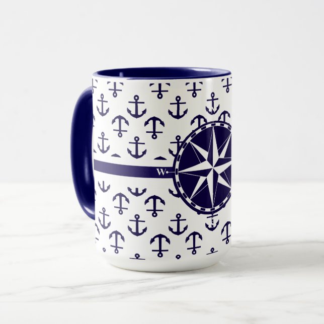 Vacker blå ankare mönster nautisk tema mugg (Framsida vänster)