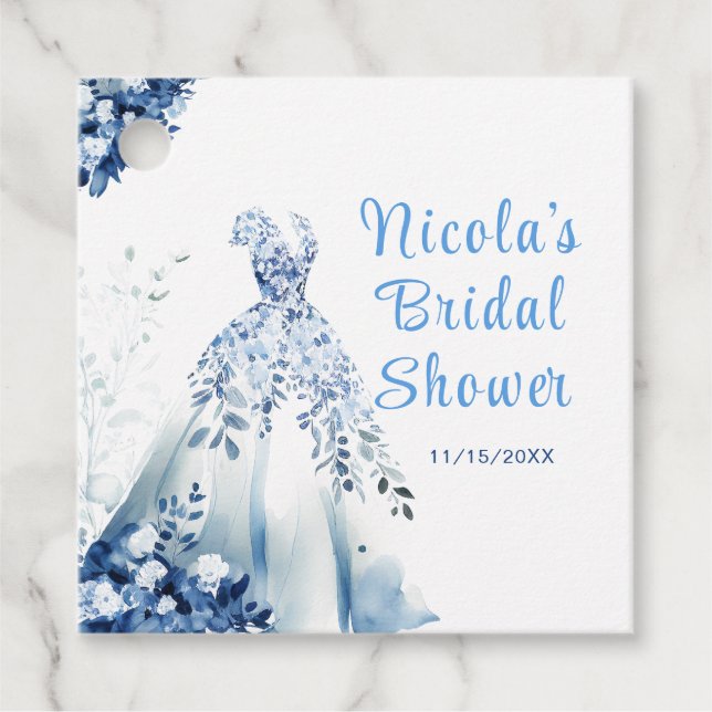 Vacker blå blomklänning bröllopsdusch gåvor etiketter (Framsida)