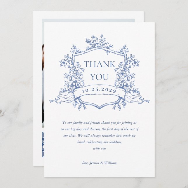 Vacker Blå Blommig Wedding QR-kod i Viktoriansk St Tack Kort (Fram/baksida)