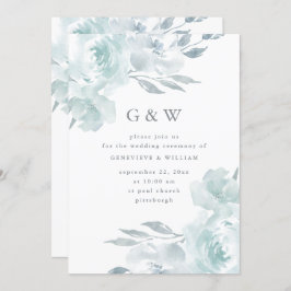 Vacker blå Blommigt på White Monogram Bröllop Inbjudningar