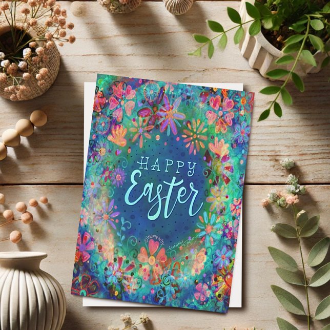 Vacker blå blomsterinspirativ glad påsk  kort (Skapare uppladdad)