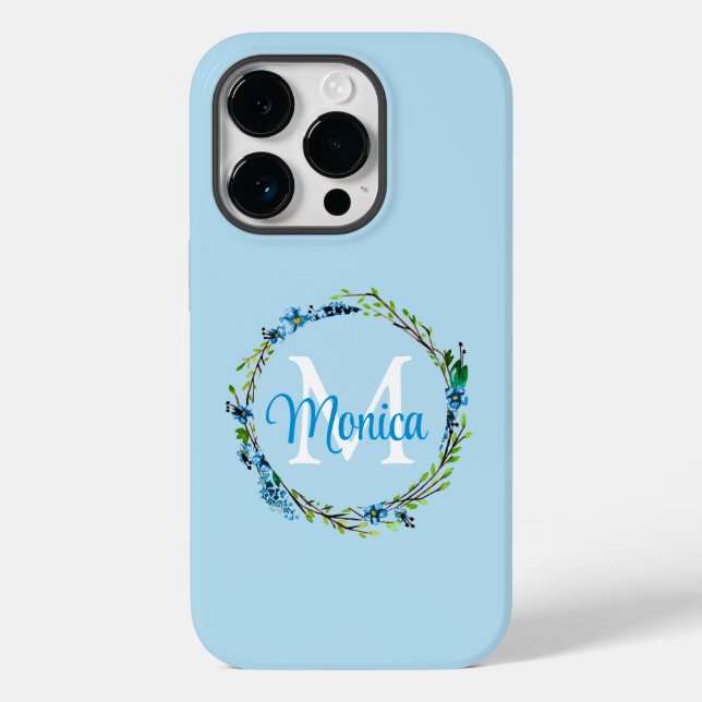 Vacker blå blomsterkrans med monogram (Baksida)