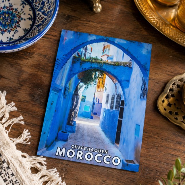 Vacker blå Chefchaouen marockansk arkitektur Vykort (Morocco's Chefchaouen blue city postcard. )