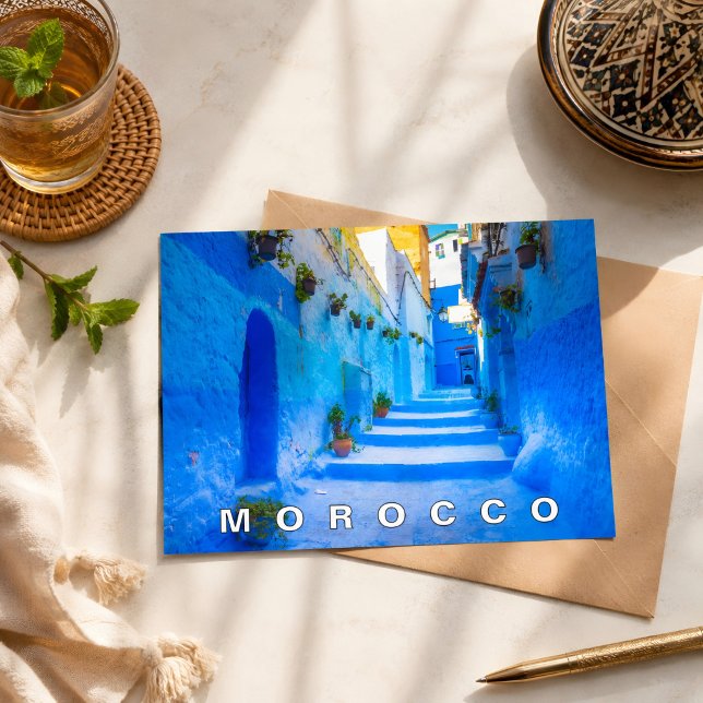 Vacker Blå Chefchaouen Marockansk Arkitektur Vykort (Morocco Chefchaouen Blue City. )
