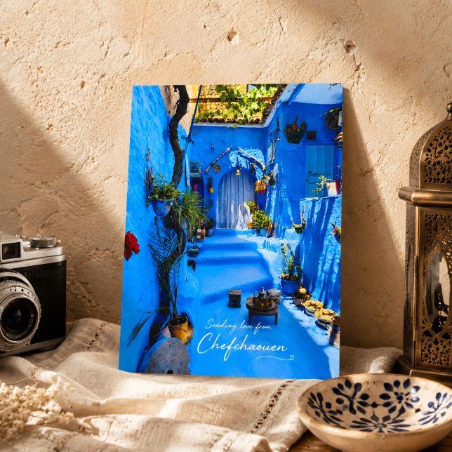 Vacker Blå Chefchaouen Marocko Medina-gator Vykort (Morocco's Chefchaouen postcard. )