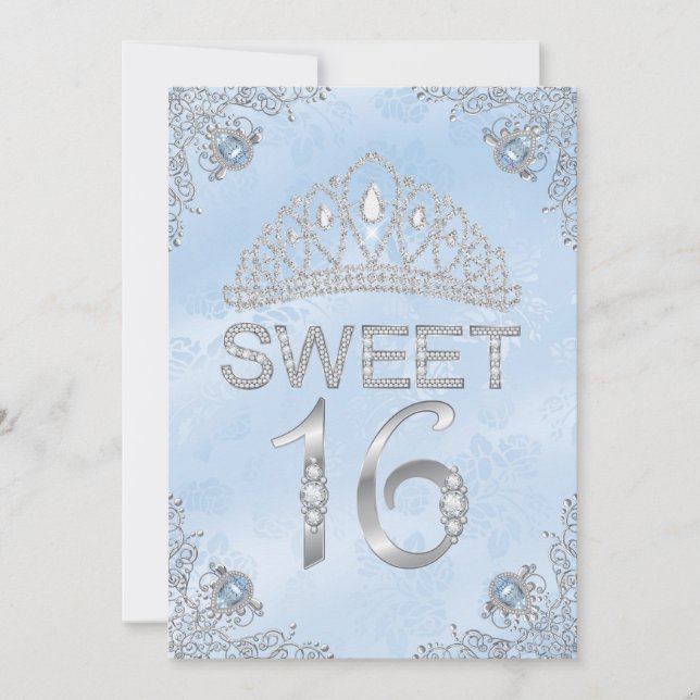 Vacker blå diamant tiara Sweet 16 inbjudan (Framsida)