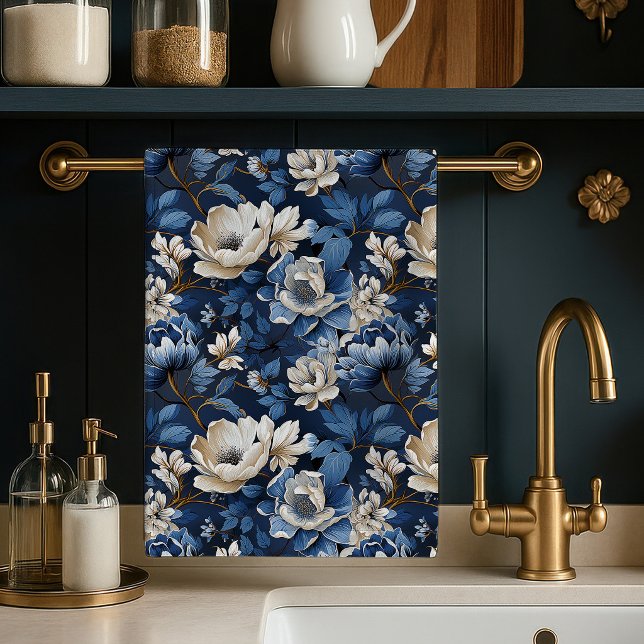 Vacker Blå Elfenbensfärgad Blommig Elegant Kökshan Kökshandduk (Beautiful Blue Ivory Floral Elegant Kitchen Towel)
