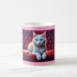 Vacker blå Eyed Albino Cat på exotisk röd Soffa Kaffemugg